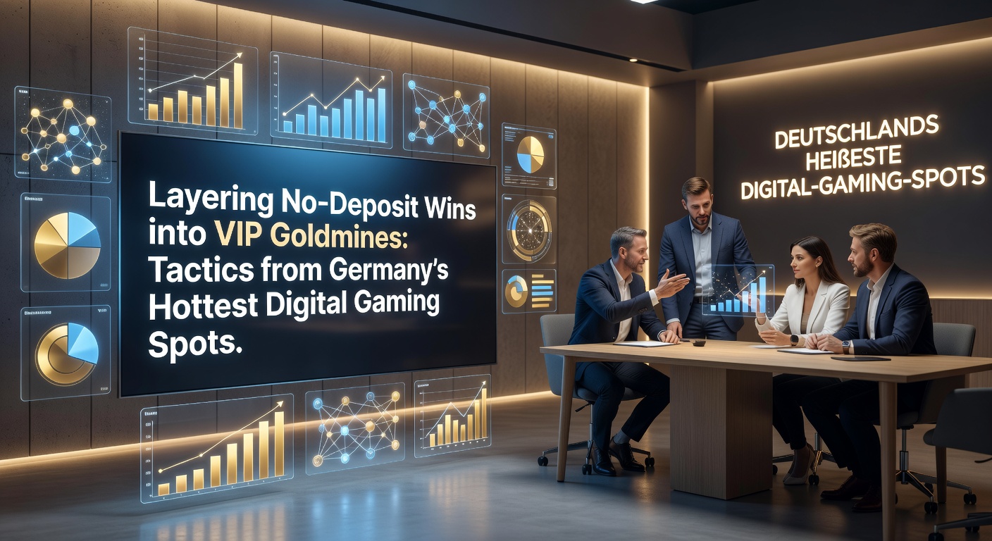 Digitale Spielhalle mit leuchtenden VIP-Stufen und No-Deposit-Boni-Symbolen, die zu Goldminen führen