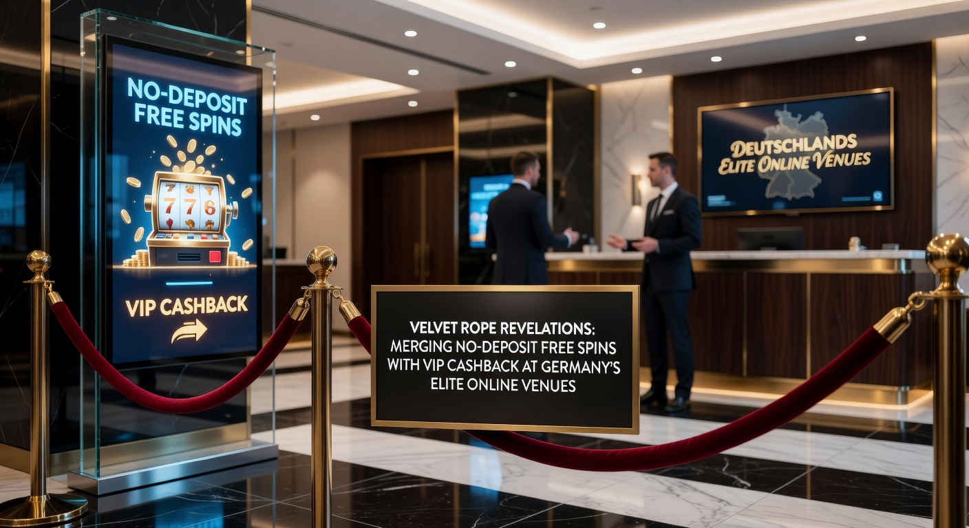 Ein elegantes Online-Casino-Interface mit leuchtenden Free-Spins-Symbolen und einem VIP-Samttor im Hintergrund, das die Exklusivität von No-Deposit-Angeboten und Cashback-Boni symbolisiert